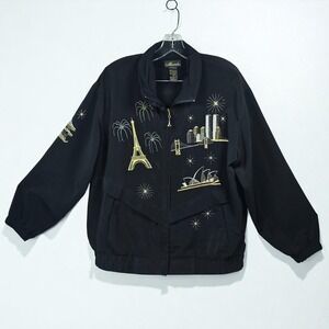 Vintage Mureli World Cities Jacket Woman Medium Black Embroidered Artsy 80s READ